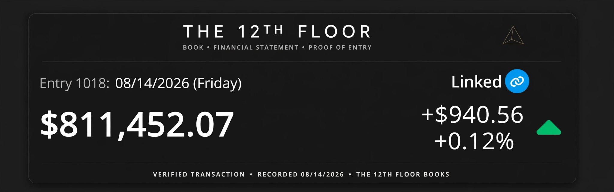 Proof of entry — Entry 1018, 14 August 2026: $811,452.07